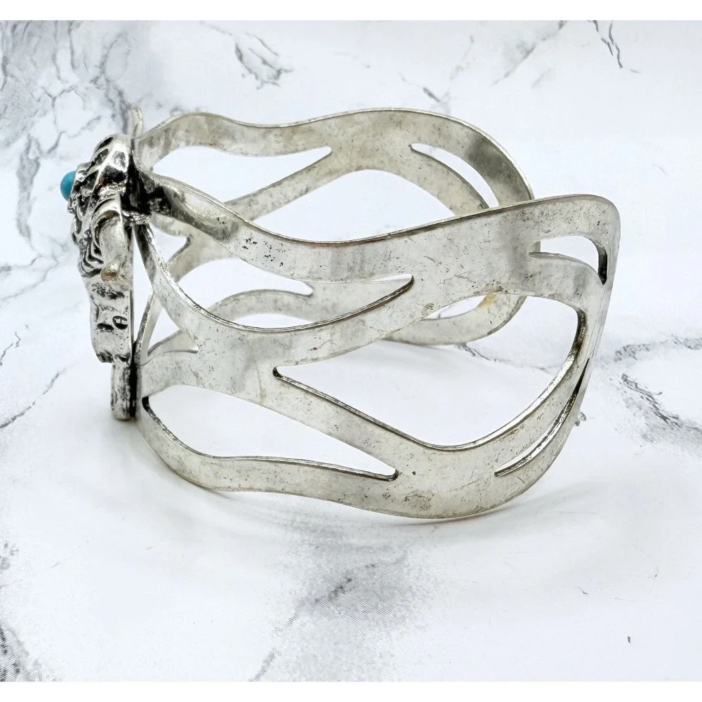Silver Tone Longhorn Bull Skull Turquoise Open Cuff Bracelet 8 Inch